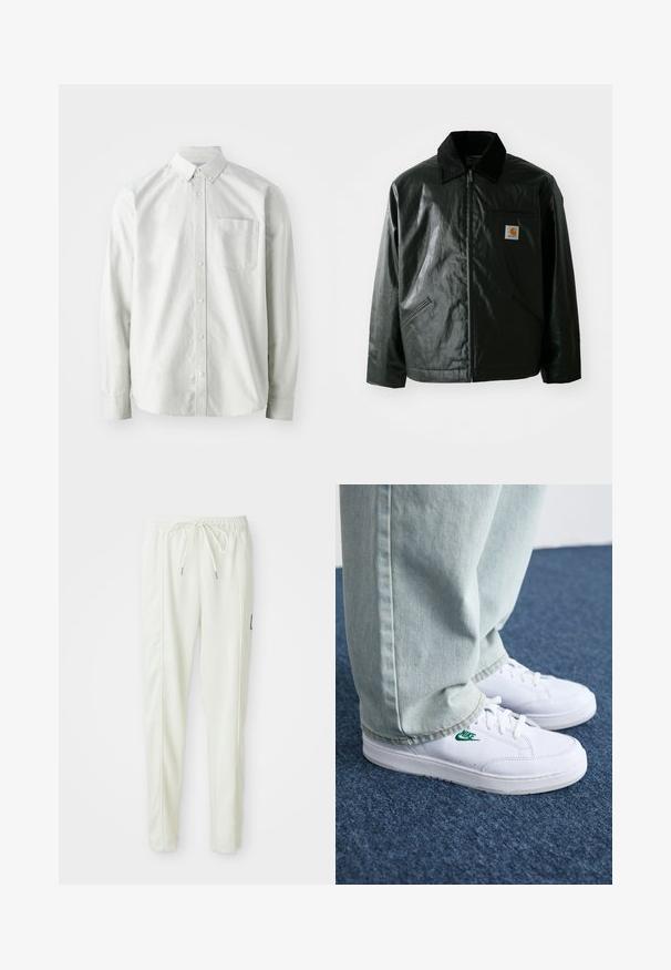 Črna jakna na zadrgo, izdelana iz gladkega, sijočega materiala. Ima žametni ovratnik, dva sprednja žepa in majhno oznako logotipa na prsih.; Svetlo siva srajca na gumbe z dolgimi rokavi, ovratnikom in enim žepom na prsih. Narejena iz gladkega, tkanega materiala.; Beli ožji jogger hlače s prilagodljivim pasom in vrvico, z bočnimi šivi in majhnim črnim patcheom na desni nogi.; Bela usnjena športna obutev z zelenim Nike logotipom, okrogla konica, ravna podplat, v kombinaciji z svetlo modrimi kavbojkami, prikazana na modrem preprogu.