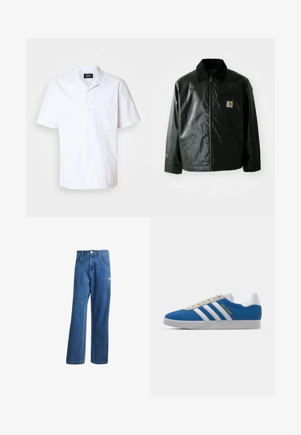 Zwarte ritssluiting jas van glad, glanzend materiaal. Heeft een corduroy kraag, twee voorzakken en een klein logo label op de borst.; Korte mouwen shirt in wit met lichtblauwe verticale strepen, voorzien van een puntige kraag en een enkele borstzak.; Blauwe hoge taille wijde spijkerbroek met voorzakken, riemlussen, knoopsluiting en klein Adidas-logo op de rechterdij.; adidas Originals ADIDAS GAZELLE SHOES - Zaalvoetbalschoenen - real madrid/bluebird/footwear white/crew yellow