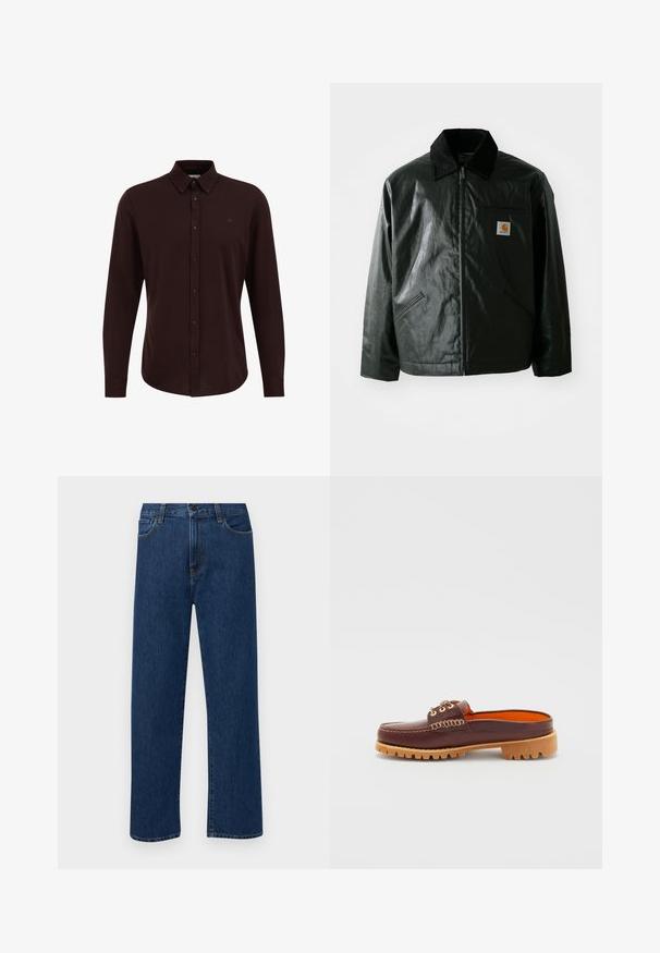 Juodas užtrauktuku užsegamas švarkas, pagamintas iš glotnaus, blizgaus medžiagos. Savybė - keteros apykaklė, dvi priekinės kišenės ir mažas logotipo ženklelis ant krūtinės.; Ilgomis rankovėmis marškiniai iš tamsiai rudos medvilnės, su sagų apykakle, turi subtilų logotipo siuvinėjimą ir klasikinį sagdamosi dizainą.; Tamsiai mėlynos tiesaus žandikaulio džinsai su priekinėmis kišenėmis ir mygtuko uždarymu, rodantys ant paprasto balto fono.; Ruda odinė suknelė su apvalia nosimi, tekstūruota siūlės detalė, aukso metalinės akys ir šviesiai ruda, raityta padas. Viduje vyrauja ryškiai oranžinė spalva.