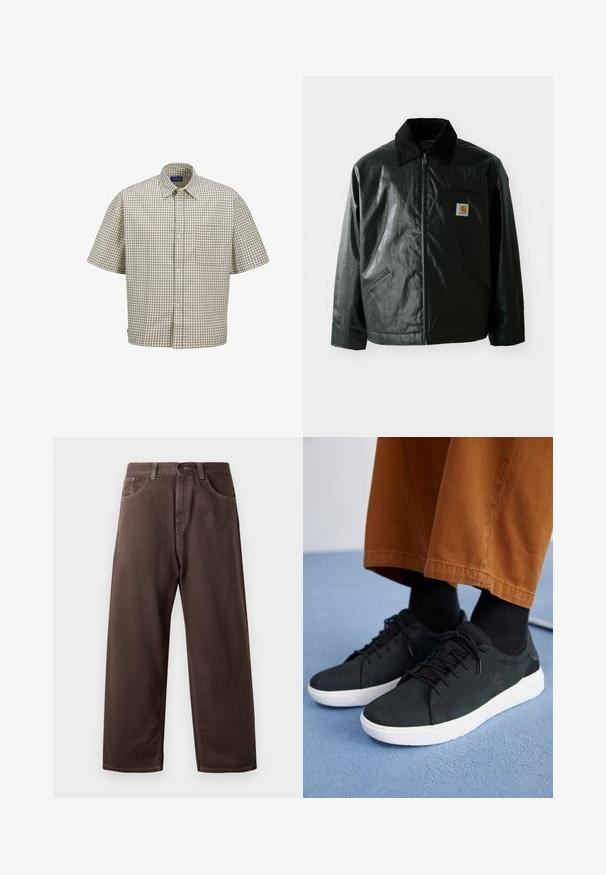Juodas užtrauktuku užsegamas švarkas, pagamintas iš glotnaus, blizgaus medžiagos. Savybė - keteros apykaklė, dvi priekinės kišenės ir mažas logotipo ženklelis ant krūtinės.; Šviesiai rudos ir rudų atspalvių trumpų rankovių langeliais marškiniai, su mygtukų apykakle, kišene ir laisvu siluetu, su tinklelio raštu.; Rudos plačiakojai kelnės, pagamintos iš medvilnės, turinčios klasikinį penkių kišenių dizainą, užtrauktuką ir matomas siuvimo detales.; Juodi zomšiniai sneakeriai su baltais guminiais padais, su raištelių uždėjimo dizainu, tekstūruotais akcentais ir subtiliu prekių ženklu, derinami su rudomis kelnėmis.