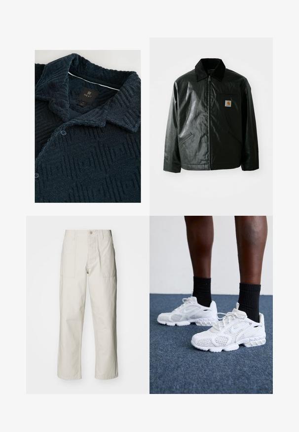 Giacca nera con zip realizzata in materiale liscio e lucido. Presenta un colletto in corduroy, due tasche frontali e una piccola patch con logo sul petto.; Camicia blu navy con texture e motivo geometrico, dotata di colletto aperto, due bottoni e etichetta del marchio sul collo.; Pantaloni a gamba larga beige chiaro in cotone. Presentano tasche frontali e chiusura con bottone. Tessuto liscio con sottili linee verticali.; Scarpe da ginnastica bianche con tomaia in rete, dettagli testurizzati e suola imbottita. Abbinato a calzini neri a coste sopra la caviglia su una superficie in moquette blu.