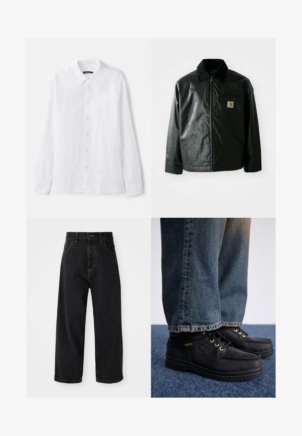 Casaco preto com fecho éclair, feito de material liso e brilhante. Apresenta um colarinho de veludo, dois bolsos frontais e um pequeno emblema no peito.; Camisa de botão de manga longa branca, feita de tecido texturizado. Apresenta um colarinho clássico e fecho frontal com botões pequenos e redondos.; Calças de ganga largas pretas com cintura alta, botão frontal, fecho de correr e costuras amarelas nos bolsos e nas costuras.; Sapatos de couro pretos com ilhós dourados e um acabamento texturizado, combinados com jeans de denim azul. Os sapatos apresentam uma sola em camadas e detalhes de marca.