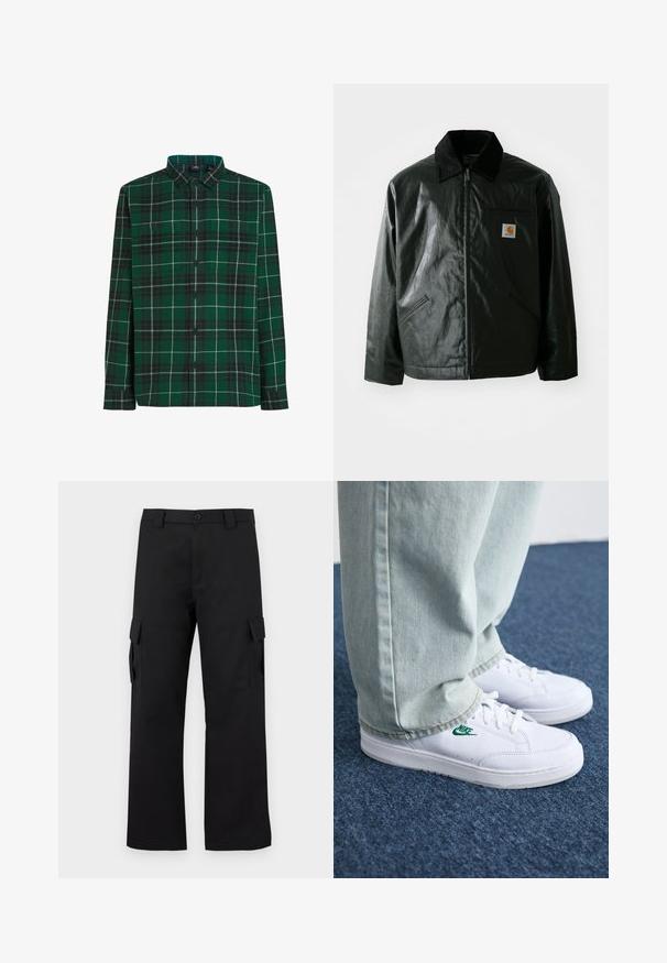 Svart zip-up jacka gjord av slätt, glänsande material. Har en manchesterkrage, två framfickor och en liten logotyp på bröstet.; Grön rutigt button-up skorta med ett rutmönster, framfickor och krage. Tillverkad av tyg med en mjuk textur.; Svarta cargobyxor med rak bendesign. Tillverkade av slitstarkt tyg, med två sidofickor med klaffstängningar och knappgylf.; Vita lädersneakers med grön Nike-logga, rund tå, platt sula, kombinerade med ljusblå denimbyxor, visade på en blå matta.