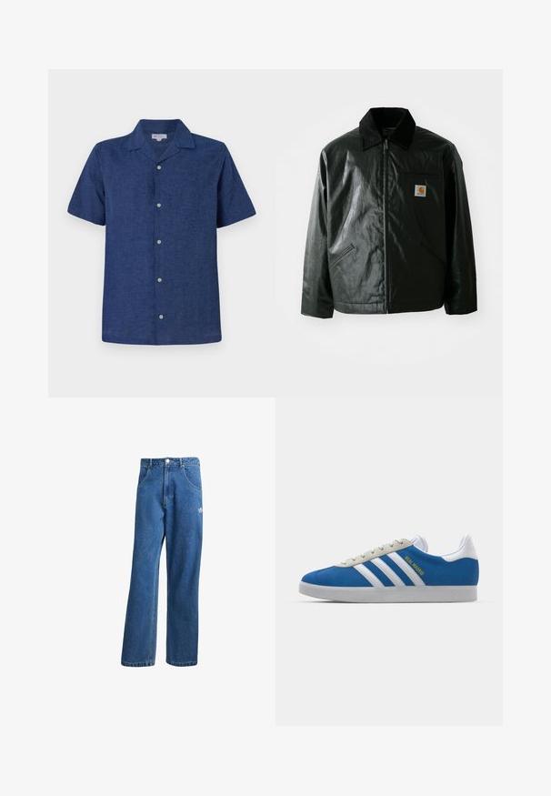 Black zip-up jacket made of smooth, shiny material. Features a corduroy collar, two front pockets, and a small logo patch on the chest.; Short-sleeve, navy blue shirt made of breathable fabric, featuring a collar, functional buttons, and a slightly textured finish.; Blue high-waist wide-leg denim jeans with front pockets, belt loops, button closure, and small Adidas logo on the right thigh.; adidas Originals ADIDAS GAZELLE SHOES - Indoor football boots - real madrid/bluebird/footwear white/crew yellow