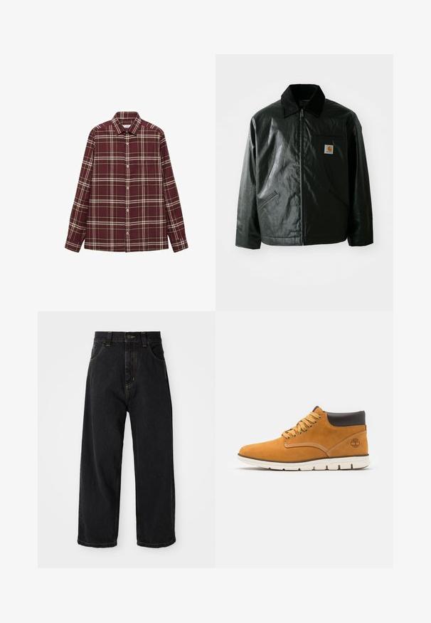 Crna zip-up jakna izrađena od glatkog, sjajnog materijala. Ima okovratnik od kordura, dva prednja džepa i mali logotip na prsima.; Bordo karirana košulja s dugim rukavima, dugme sa prednje strane i džepom na prsima. Ima bijele i žute pruge u kvadratnom uzorku.; Crne traperice širokih nogavica s visokim strukom, prednjim gumbom, patentnim zatvaračem i žutim šavovima na džepovima i šavovima.; Smeđi antilop čizmi do gležnja s podstavljenim okovratnikom, s zlatnim rupicama i vezicama, kontrastnim šavovima i bijelom gumenom potplatom.