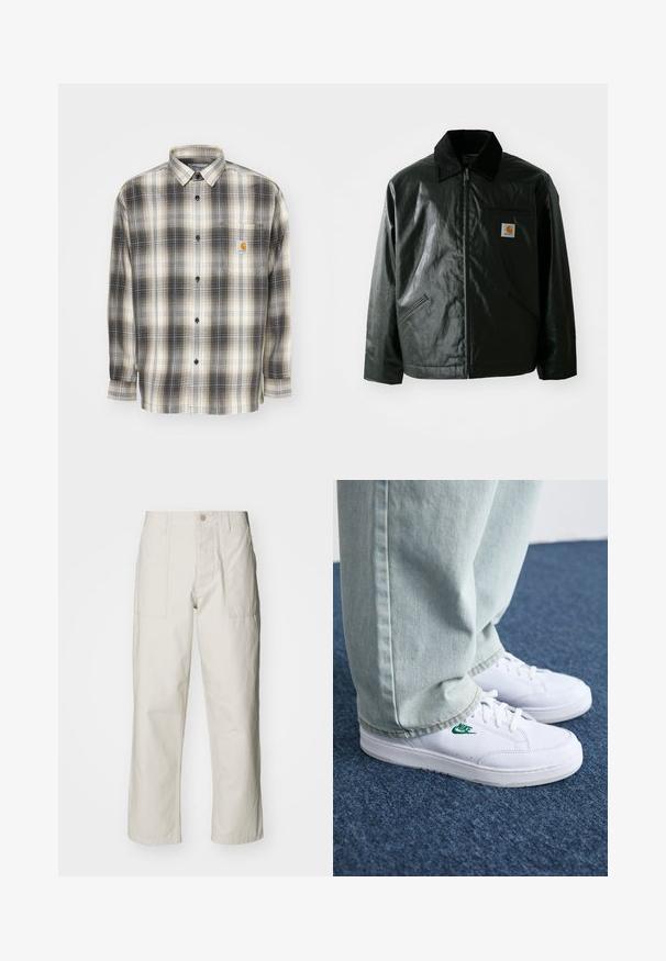 Black zip-up jacket made of smooth, shiny material. Features a corduroy collar, two front pockets, and a small logo patch on the chest.; Long-sleeve shirt featuring a black and cream plaid pattern, button-up front, and a chest pocket with a Carhartt logo patch.; Light beige wide-leg pants made of cotton. Features front pockets and a button closure. Smooth texture with subtle vertical lines.; White leather sneakers with green Nike logo, round toe, flat sole, paired with light blue denim pants, shown on a blue carpet.