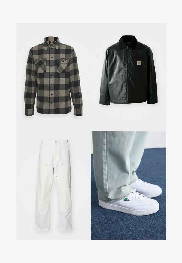Casaco preto com fecho éclair, feito de material liso e brilhante. Apresenta um colarinho de veludo, dois bolsos frontais e um pequeno emblema no peito.; Camisa de flanela em xadrez preto e cinza com mangas longas, frente abotoada, dois bolsos no peito e uma barra ligeiramente curva. Tecido texturizado.; Calças cargo brancas em algodão com um corte descontraído. As características incluem bolsos frontais, detalhes em metal dourado e áreas de joelhos reforçadas.; Tênis de couro brancos com logo verde da Nike, bico redondo, sola plana, combinados com calças de denim azul claro, exibidos sobre um tapete azul.