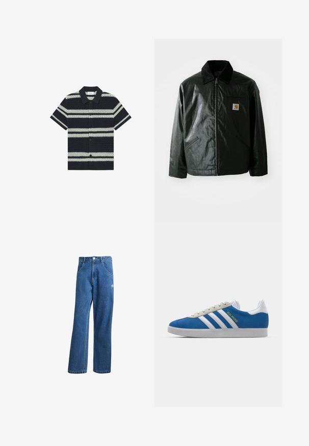 Juodas užtrauktuku užsegamas švarkas, pagamintas iš glotnaus, blizgaus medžiagos. Savybė - keteros apykaklė, dvi priekinės kišenės ir mažas logotipo ženklelis ant krūtinės.; Juoda ir balta juostelėta trumpomis rankovėmis marškiniai su apykakle, turintys tekstūruotą raštą ir mygtukų užsegimą priekyje.; Mėlynos aukštu liemeniu plačios džinsinės kelnės su priekinėmis kišenėmis, diržo kilpos, sagčių uždarymu ir mažu Adidas logotipu dešinėje šlaunyje.; adidas Originals ADIDAS GAZELLE SHOES - Salės futbolo bateliai - real madrid/bluebird/footwear white/crew yellow