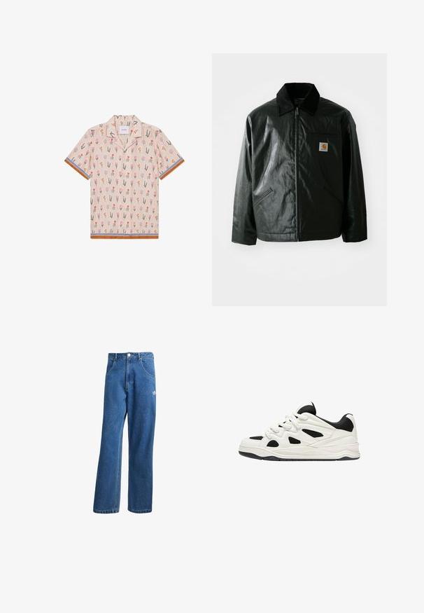 Sort lynlåsejakke lavet af glat, blankt materiale. Har en kordfløjlsfarvet krave, to forlommer og et lille logo-patch på brystet.; Kortærmet skjorte i beige med blomster mønster, der har pink, orange og grønne illustrationer. Accentueret med stribede blå og brune kanter.; Blå højtaljede viddebukser i denim med forlommer, bælteløkker, knaplukning og lille Adidas-logo på højre lår.; Hvide og sorte atletik sko med en tekstureret sål, der har udskårede designs på siderne og snørebånd, samt en polstret hæl for støtte.