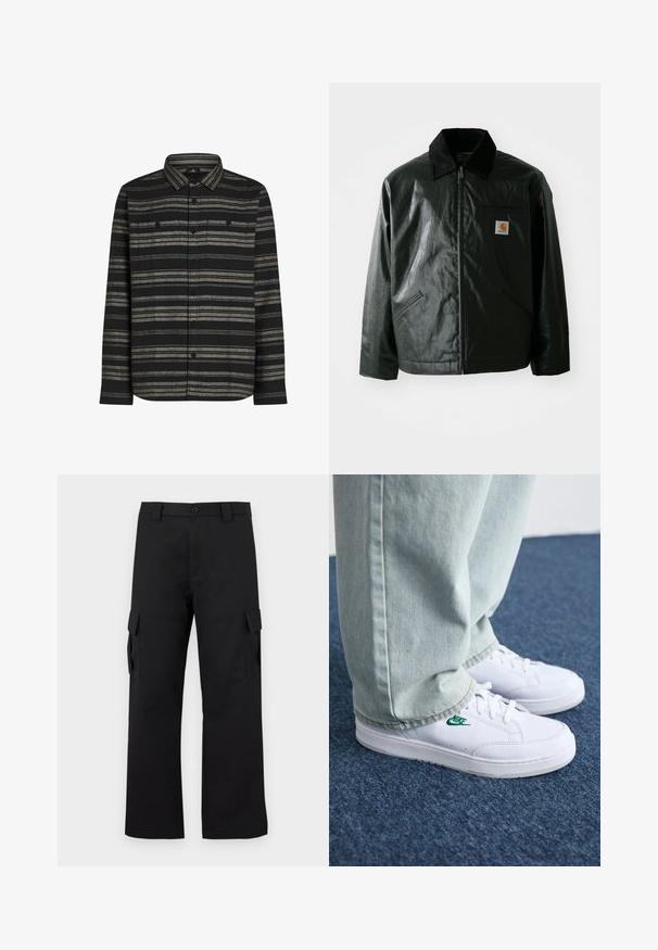 Must mustaga, läikiva materjaliga musta värvi jakk. Omab kordonilõikega kraed, kahte esikäe taskut ja väikest logo sildi rinnal.; Must küllajax, millel on horisontaalsed hallid triibud, nööpidega ees ja kaks rinna/taskut. Valmistatud pehmest kangast, millel on tekstureeritud viimistlus.; Mustad mustad püksid sirge lõikega disainiga. Valmistatud vastupidavast kangast, millel on kaks külgtaskut klappidega ja nupuvajutusega esiosa.; Valged nahast tennisetossud rohelise Nike logo ja ümarate varvastega, lamedate taldadega, koos helesiniste teksapükstega, esitatud sinisel vaibal.