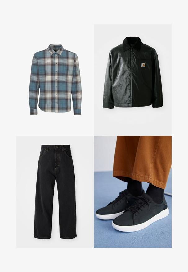 Zwarte ritssluiting jas van glad, glanzend materiaal. Heeft een corduroy kraag, twee voorzakken en een klein logo label op de borst.; Langsleeve geruit shirt in blauw, wit en bruin. Gemaakt van een zachte stof met een standaard kraag en knoopsluiting.; Witte katoenen T-shirt met een zwart-wit panda graphic die een Nike sneaker vasthoudt, met een groen Nike-logo erboven.; Zwarte wijde denim jeans met hoge taille, voorste knoop, rits en gele stiksels op de zakken en naden.; Zwarte suède sneakers met witte rubberen zolen, voorzien van een vetersluiting ontwerp, textuuraccenten en subtiele branding, gedragen met bruine broeken.