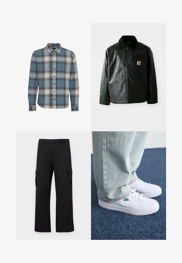 Juodas užtrauktuku užsegamas švarkas, pagamintas iš glotnaus, blizgaus medžiagos. Savybė - keteros apykaklė, dvi priekinės kišenės ir mažas logotipo ženklelis ant krūtinės.; Ilga rankovėmis langeliais marškiniai, kuriuose vyrauja mėlyna, balta ir ruda spalvos. Pagaminti iš minkštos medžiagos, su standartine apykakle ir mygtukų užsegimu.; Juodi cargo kelnės su tiesiu kojų dizainu. Pagamintos iš tvirto audinio, turi dvi šonines kišenes su užsegamais dangteliais ir mygtukų užtrauktuką.; Balti odiniai sportbačiai su žaliu Nike logotipu, apvalia nosimi, plokščiu padu, derinami su šviesiai mėlynomis džinsinėmis kelnėmis, rodomi ant mėlynos kiliminės dangos.