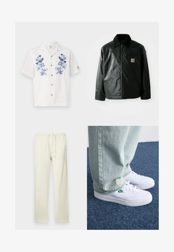 Casaco preto com fecho éclair, feito de material liso e brilhante. Apresenta um colarinho de veludo, dois bolsos frontais e um pequeno emblema no peito.; Camisa branca de mangas curtas com bordado floral azul, botões castanhos à frente e um design de colarinho descontraído.; Calças de treino bege claro com cintura ajustável por cordão, feitas de material macio. Apresentam um discreto logótipo Nike branco na coxa esquerda.; Tênis de couro brancos com logo verde da Nike, bico redondo, sola plana, combinados com calças de denim azul claro, exibidos sobre um tapete azul.