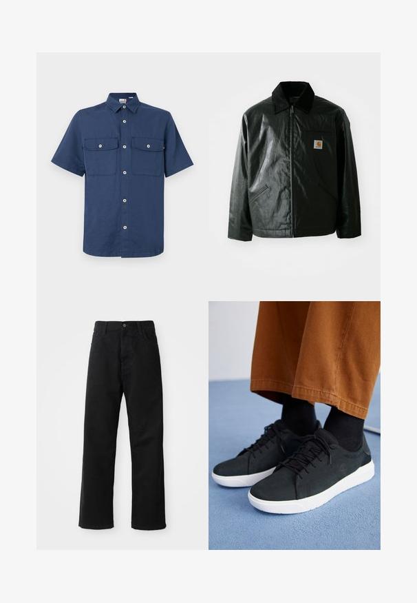 Svart zip-up jakke laget av jevnt, blankt materiale. Har en kordfløyelskrage, to frontlommer og en liten logo-lapp på brystet.; Mørkeblå skjorte med korte ermer i glatt stoff. Har knapp-down krage, to brystlommer og frontlukking med synlig hardware.; Svart denimbukser med rett snitt, med frontlommer, glidelåsgylf og en enkelt knapp i toppen. Teksturert stoff med matt overflate.; Svarte semskede sneakers med hvite gummisåler, med snøring, teksturerte detaljer og subtil branding, sammen med brune bukser.