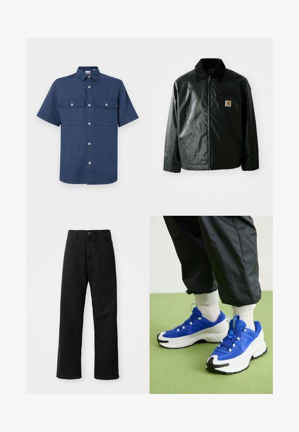 Juodas užtrauktuku užsegamas švarkas, pagamintas iš glotnaus, blizgaus medžiagos. Savybė - keteros apykaklė, dvi priekinės kišenės ir mažas logotipo ženklelis ant krūtinės.; Tamsiai mėlynas trumpomis rankovėmis marškinis, pagamintas iš sklandžios medžiagos.Įrengtas mygtukų apykakle, dviem krūtinės kišenėmis ir priekiniais mygtukais su matomu uždarymu.; Juodo džinsinio audinio keliaraiščiai su tiesia iškarpa, turintys priekinės kišenes, užtrauktuką ir vieną viršutinį mygtuką. Audinys tekstūruotas, su matinio paviršiaus apdaila.; Mėlyni ir balti sportiniai bateliai su tekstūruota medžiaga, išsiskiriančia guma padais ir juodais akcentais. Savybėmis yra raišteliai ir paminkštinta konstrukcija.