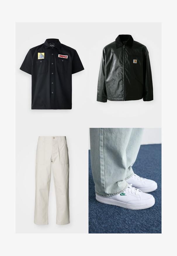 Schwarze Zip-Jacke aus glattem, glänzendem Material. Verfügt über einen Cordkragen, zwei Fronttaschen und ein kleines Logo-Patch auf der Brust.; Schwarzes Kurzarmhemd mit zwei gestickten Patches auf der Brust: einem gelben Bergdesign und einem roten Textpatch. Vorderseitige Druckknopfverschlüsse.; Helle beige weit geschnittene Hose aus Baumwolle. Verfügt über Fronttaschen und einen Knopfverschluss. Glatte Textur mit dezenten vertikalen Streifen.; Weiße Leder-Sneaker mit grünem Nike-Logo, runde Zehenpartie, flache Sohle, kombiniert mit hellblauen Jeans, präsentiert auf einem blauen Teppich.