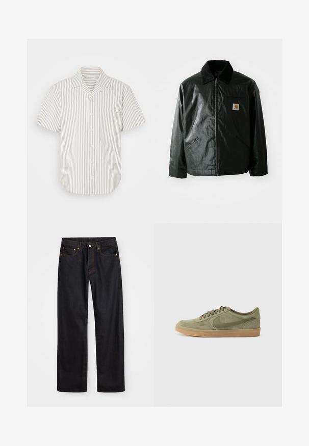 Svart zip-up jakke laget av jevnt, blankt materiale. Har en kordfløyelskrage, to frontlommer og en liten logo-lapp på brystet.; Kortermet skjorte i lys beige med vertikale mørke striper, har en brystlomme og krage som kan brettes ned.; Men's straight-leg svarte denim jeans med fem lommer og oransje søm, knapp og glidelås lukking foran på midjen.; Grønne semskede sneakers med en gummisul, rund tå og snørebåndsdesign. Har Nikes signaturlogo i en mørkere grøn.