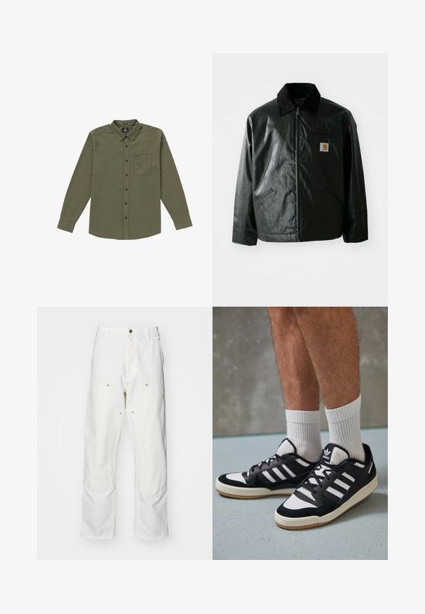 Sort lynlåsejakke lavet af glat, blankt materiale. Har en kordfløjlsfarvet krave, to forlommer og et lille logo-patch på brystet.; Herre skjorte med knapper i olivengrøn. Fremstillet af blødt stof, med lange ærmer, en brystlomme og sorte knapper. Standard kravedesign.; Hvide bomulds cargo bukser med en afslappet pasform. Funktioner inkluderer for- og baglommer, guldfarvede hardware detaljer og forstærkede knæsektioner.; Sorte og hvide sneakers med en overdel i ruskind og læder, der har tre hvide striber, en perforeret tå og en sål i gummigummi.