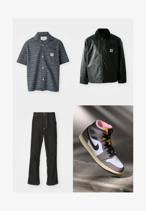 Crna zip-up jakna izrađena od glatkog, sjajnog materijala. Ima okovratnik od kordura, dva prednja džepa i mali logotip na prsima.; Košulja kratkih rukava u tamnosivoj boji sa prugastim uzorkom, sa džepom na prsima i logotipom Carhartt.; Crna pamučna majica s kratkim rukavima, okruglim izrezom i džepom na lijevoj strani grudnog koša s kvadratnom oznakom. Jednostavan i neukrašen dizajn.; Crne traperice s opuštenim krojem, s kontrastnim bijelim šavovima, zakovicom za zatvaranje i ravnim nogavicama.; Visoke Nike Air Jordan tenisice u bijeloj, sivoj i crnoj boji s ružičastim unutrašnjim dijelom i žutim jezikom, postavljene na betonskoj površini.