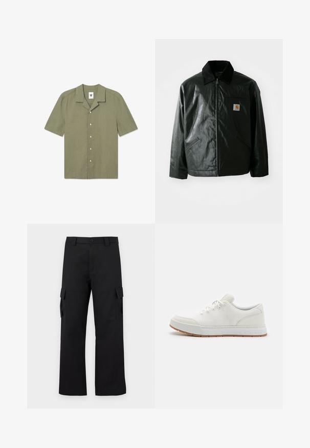 Mustat vetoketjulliset takit, jotka on valmistettu sileästä, kiiltävästä materiaalista. Sisältää kangastakin kauluksen, kaksi etutaskua ja pienen logopatchin rinnassa.; Vihreä oliivinvärinen, lyhythihainen paita, joka on valmistettu pellavasta. Paidassa on kauluspääntie, napitus ja pieni logo vasemmassa rinnassa.; Musta cargo-housut suoralla lahkeella. Valmistettu kestävästä kankaasta, jossa on kaksi sivutaskua läppäkiinnityksellä ja nappisuljenta.; Valkoiset urheilukengät, joissa on verkkomateriaali, pyöreä kärki ja kumipohja, jossa on teksturoitu kuvio. Varustettu litteillä nauhoilla ja huomaamattomalla brändäyksellä kantapäässä.