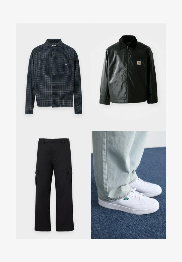Must mustaga, läikiva materjaliga musta värvi jakk. Omab kordonilõikega kraed, kahte esikäe taskut ja väikest logo sildi rinnal.; Tumedast sinelest flanellsärgist, millel on ruuduline muster valge ja oranži värviga. Omab kraed ja rindtaskut, millel on logo detail.; Mustad mustad püksid sirge lõikega disainiga. Valmistatud vastupidavast kangast, millel on kaks külgtaskut klappidega ja nupuvajutusega esiosa.; Valged nahast tennisetossud rohelise Nike logo ja ümarate varvastega, lamedate taldadega, koos helesiniste teksapükstega, esitatud sinisel vaibal.