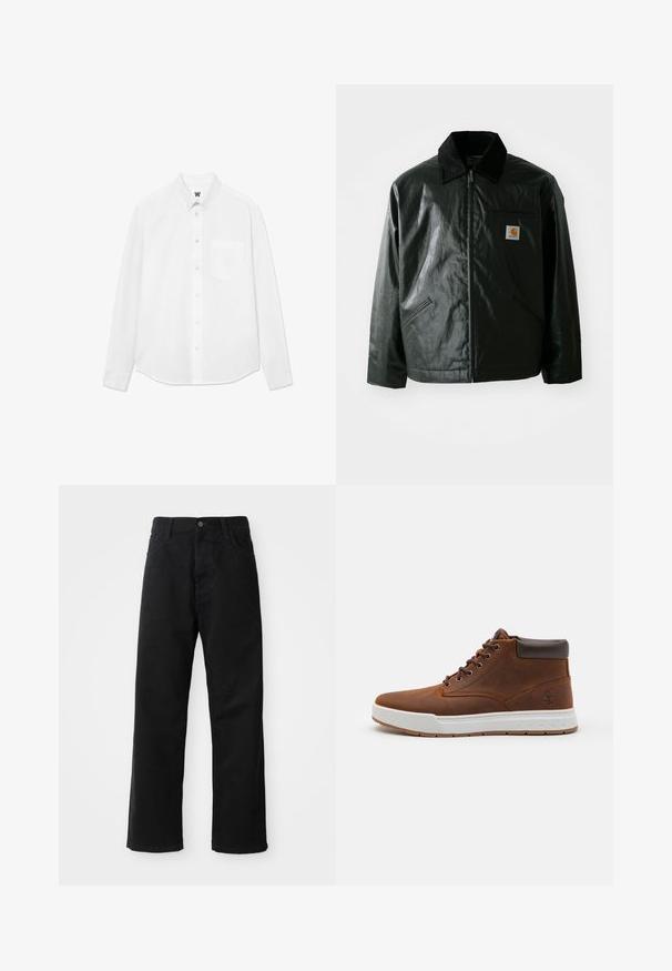 Black zip-up jacket made of smooth, shiny material. Features a corduroy collar, two front pockets, and a small logo patch on the chest.; White long-sleeve button-up shirt with a collar, front pocket, and subtle texture. Front placket features buttons and a small logo detail.; Black denim pants with a straight cut, featuring front pockets, a zip fly, and a single top button. Textured fabric with a matte finish.; Brown leather ankle boots with a white rubber sole, brown accents on the collar, and metal eyelets for laces. Timberland logo embossed on the side.