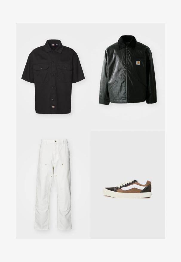 Juodas užtrauktuku užsegamas švarkas, pagamintas iš glotnaus, blizgaus medžiagos. Savybė - keteros apykaklė, dvi priekinės kišenės ir mažas logotipo ženklelis ant krūtinės.; Juodas trumpas rankovės marškinėliai su mygtukų užsegimu, dviem krūtinės kišenėmis ir apvaliu apykakle. Pagaminti iš patvarios medžiagos, su mažo logotipo detale.; Balti medvilniniai kargo džinsai su laisvu siluetu. Ypatybės apima priekines kišenes, auksinius apdailos elementus ir sustiprintas kelio dalis.; Juodi ir rudi sportbačiai su baltais akcentais, pagaminti iš kanapių medžiagos, žemo profilio dizainas, apvalus pirštas ir smėlio spalvos guminis padas. Savybė - kontrastinga siuvimas.