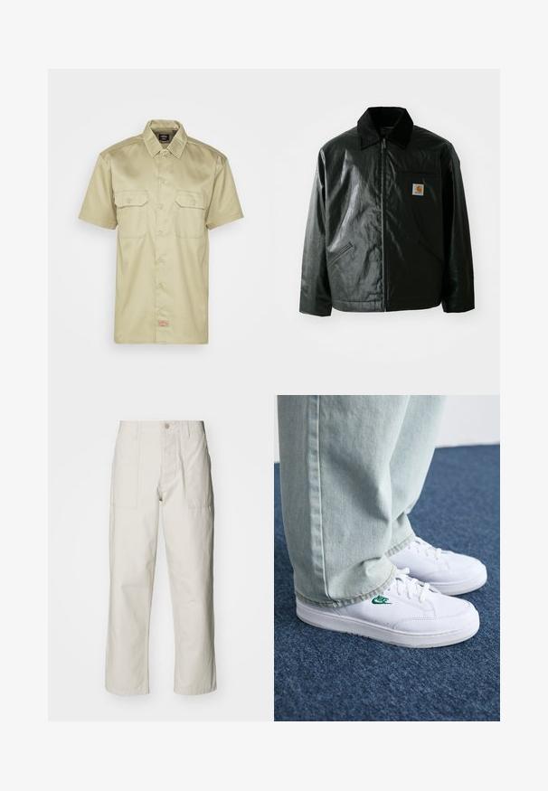 Črna jakna na zadrgo, izdelana iz gladkega, sijočega materiala. Ima žametni ovratnik, dva sprednja žepa in majhno oznako logotipa na prsih.; Kratke rokave, kaki srajca s gumbi in ovratnikom, dvema prsnih žepoma ter majhnim vezenim logotipom na robu. Gladka tekstura tkanine.; Svetlo bež široke hlače iz bombaža. Imajo sprednje žepe in gumbasto zapiranje. Gladka tekstura z subtilnimi navpičnimi črtami.; Bela usnjena športna obutev z zelenim Nike logotipom, okrogla konica, ravna podplat, v kombinaciji z svetlo modrimi kavbojkami, prikazana na modrem preprogu.