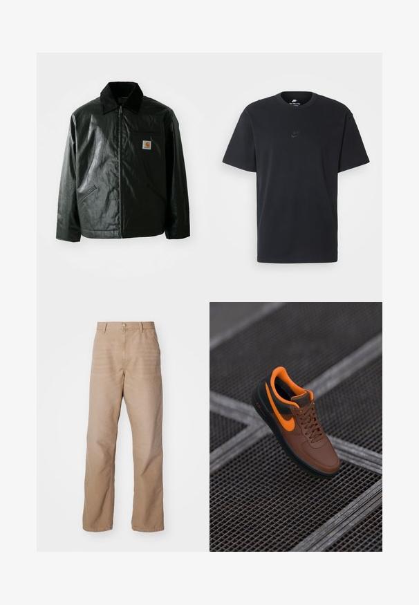 Casaco preto com fecho éclair, feito de material liso e brilhante. Apresenta um colarinho de veludo, dois bolsos frontais e um pequeno emblema no peito.; T-shirt de algodão preto da Nike com um clássico decote redondo, mangas curtas e um logótipo em relevo discreto no peito. Textura suave.; Calças de algodão bege com um design de perna reta, apresentando um fecho de correr, estilo de cinco bolsos e uma textura subtil.; Sneaker de couro castanho com detalhes em laranja, bico redondo, design com atacadores e superfície texturizada. Sola de borracha verde com a marca "AIR" visível.