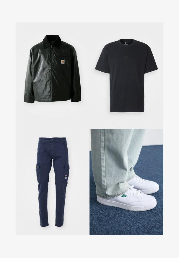 Schwarze Zip-Jacke aus glattem, glänzendem Material. Verfügt über einen Cordkragen, zwei Fronttaschen und ein kleines Logo-Patch auf der Brust.; Schwarzes Baumwoll-T-Shirt von Nike mit klassischem Rundhalsausschnitt, kurzen Ärmeln und einem dezenten, geprägten Logo auf der Brust. Glatte Textur.; Alpha Industries PETROL PATCH - Cargohose - ultra navy; Weiße Leder-Sneaker mit grünem Nike-Logo, runde Zehenpartie, flache Sohle, kombiniert mit hellblauen Jeans, präsentiert auf einem blauen Teppich.