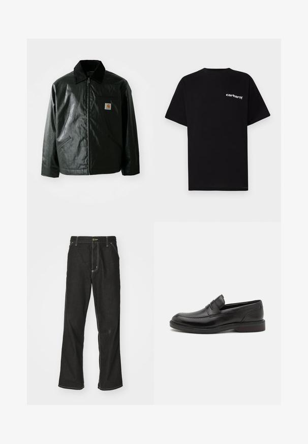 Sort lynlåsejakke lavet af glat, blankt materiale. Har en kordfløjlsfarvet krave, to forlommer og et lille logo-patch på brystet.; Sort bomulds-T-shirt med korte ærmer, rund halsudskæring og hvidt "Carhartt"-logo på venstre bryst. Glat tekstur, minimalistisk design.; Sorte denimjeans med løs pasform, der har kontrasterende hvid syning, en knaplukning og et lige ben-design.; Sorte læderloafers med en syet tådetalje, to vandrette remme over forsiden, og en træhæl. Glat tekstur og afrundet form.