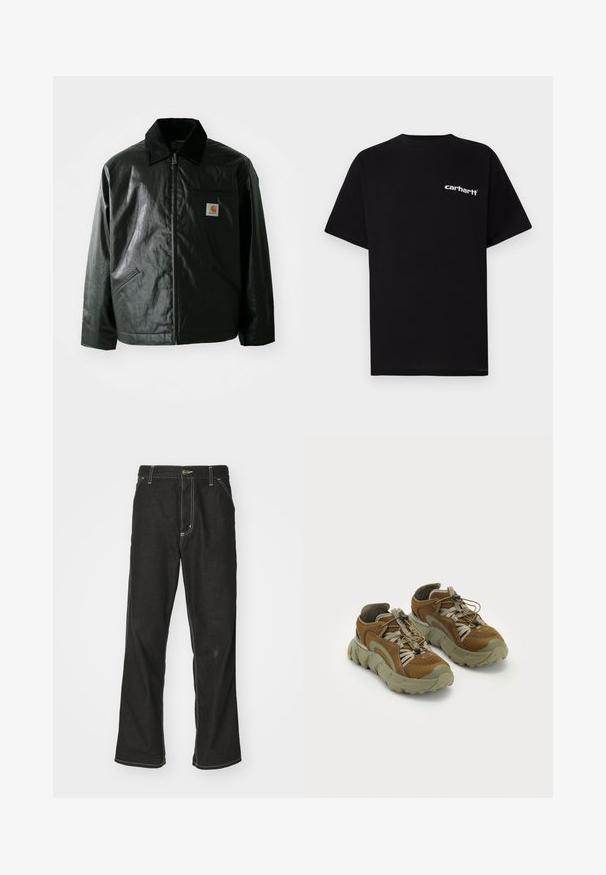 Schwarze Zip-Jacke aus glattem, glänzendem Material. Verfügt über einen Cordkragen, zwei Fronttaschen und ein kleines Logo-Patch auf der Brust.; Schwarzes Baumwoll-T-Shirt mit kurzen Ärmeln, Rundhalsausschnitt und weißem "Carhartt"-Logo auf der linken Brust. Glatte Textur, minimalistisches Design.; Schwarze Denim-Jeans mit lockerer Passform, kontrastierenden weißen Nähten, einem Knopfverschluss und geradem Bein.; Braune Sportschuhe mit einer strukturierten Oberfläche, hellgrünen Akzenten und einer stabilen Sohle. Verfügt über elastische Schnürsenkel und einen gepolsterten Schaft.