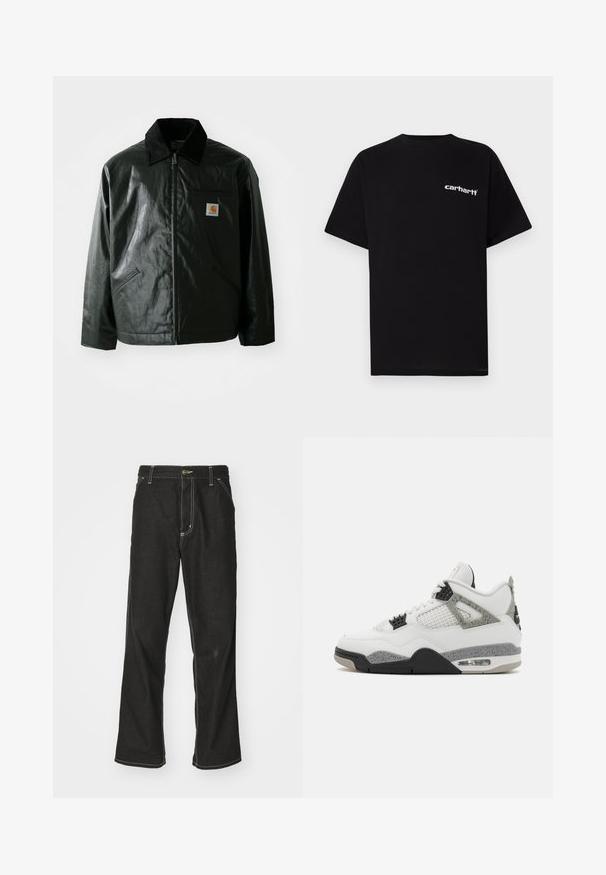 Svart zip-up jacka gjord av slätt, glänsande material. Har en manchesterkrage, två framfickor och en liten logotyp på bröstet.; Svart bomullst-shirt med korta ärmar, rund halsringning och vitt "Carhartt"-logotyp på vänster bröst. Slät textur, minimalistisk design.; Svarta denimjeans med en lös passform, med kontrasterande vita sömmar, knäppning och raka ben.; Vit sneaker med svarta och grå accenter. Har nätpaneler, en spräcklig mellansula och en vadderad krage. Rund tå med snörning.