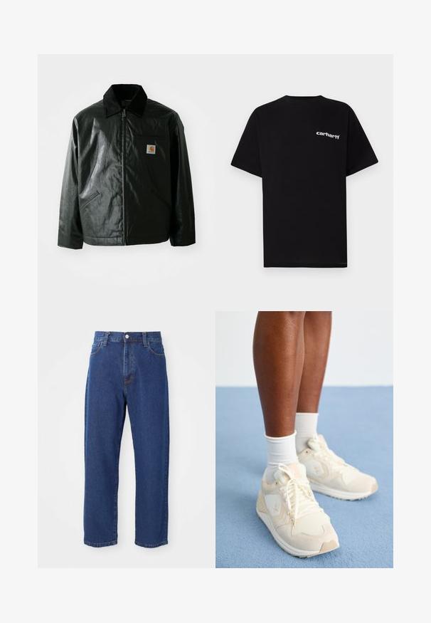 Svart zip-up jakke laget av jevnt, blankt materiale. Har en kordfløyelskrage, to frontlommer og en liten logo-lapp på brystet.; Svart bomulls-T-skjorte med korte ermer, rund hals og hvit "Carhartt"-logo på venstre bryst. Glatt tekstur, minimalistisk design.; Høyt midjet blå jeans laget av denim, med rett ben silhuett, synlig søm og front knappelukking.; Lyse beige sportsko med mesh og semsket tekstur. Har logo, snøring og en polstret såle. Bært med hvite sokker.