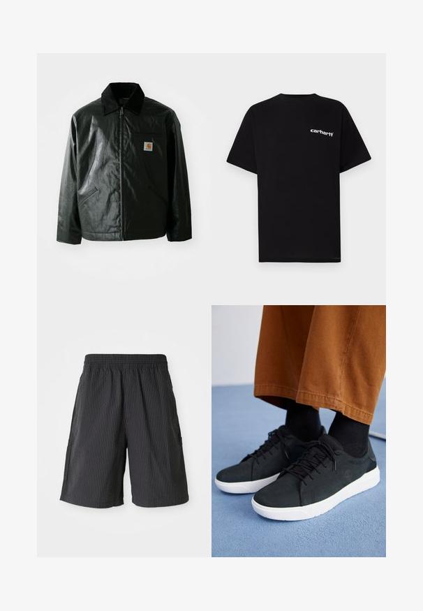 Black zip-up jacket made of smooth, shiny material. Features a corduroy collar, two front pockets, and a small logo patch on the chest.; Black cotton t-shirt with short sleeves, crew neckline, and white "Carhartt" logo on the left chest. Smooth texture, minimal design.; Black shorts with a textured, ribbed design, elastic waistband, and two side pockets. Casual style, above-the-knee length.; Black suede sneakers with white rubber soles, featuring lace-up design, textured accents, and subtle branding, paired with brown pants.