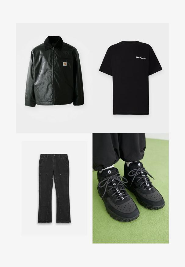 Black zip-up jacket made of smooth, shiny material. Features a corduroy collar, two front pockets, and a small logo patch on the chest.; Black cotton t-shirt with short sleeves, crew neckline, and white "Carhartt" logo on the left chest. Smooth texture, minimal design.; Black denim pants with a straight-leg design, featuring two front pockets, metallic hardware, and a raw hem detail at the bottom.; Black sneakers feature a mix of leather and mesh materials, a textured rubber sole, prominent perforations, and patterned laces with numerical accents.