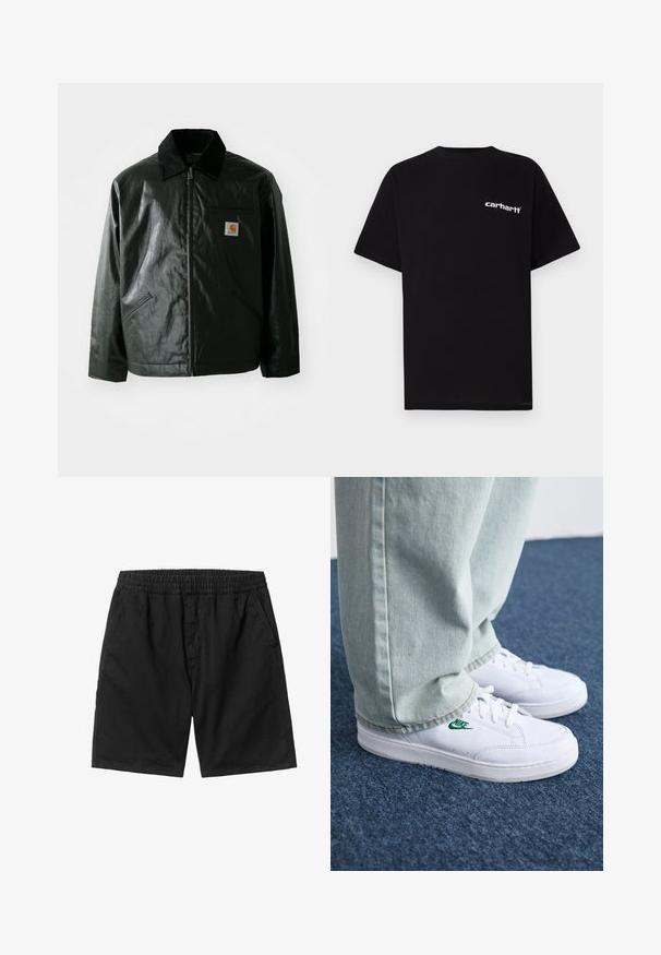 Black zip-up jacket made of smooth, shiny material. Features a corduroy collar, two front pockets, and a small logo patch on the chest.; Black cotton t-shirt with short sleeves, crew neckline, and white "Carhartt" logo on the left chest. Smooth texture, minimal design.; Black shorts with an elastic waistband, side pockets, and a straight cut. Made from a lightweight fabric with a smooth texture.; White leather sneakers with green Nike logo, round toe, flat sole, paired with light blue denim pants, shown on a blue carpet.