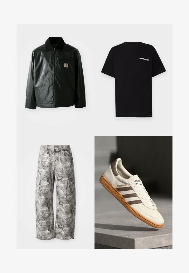 Črna jakna na zadrgo, izdelana iz gladkega, sijočega materiala. Ima žametni ovratnik, dva sprednja žepa in majhno oznako logotipa na prsih.; Črna bombažna majica s kratkimi rokavi, okroglim izrezom in belim napisom "Carhartt" na levi prsni strani. Gladek tekstura, minimalističen dizajn.; Cargo hlače v sivi kamuflažni vzorci, narejene iz teksturirane tkanine. Značilnosti vključujejo stranske žepe in elastičen rob na manšetah.; Beli semišni športni čevelj z rjavimi usnjenimi detajli, tremi rjavimi črtami in belimi vezalkami. Ima teksturiran gumijast podplat in zlato oznako "SPEZIAL".