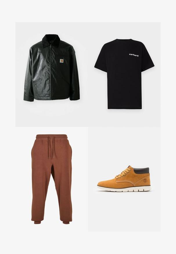 Svart zip-up jakke laget av jevnt, blankt materiale. Har en kordfløyelskrage, to frontlommer og en liten logo-lapp på brystet.; Svart bomulls-T-skjorte med korte ermer, rund hals og hvit "Carhartt"-logo på venstre bryst. Glatt tekstur, minimalistisk design.; Urban Classics Joggebukse - bark; Brune suède ankelstøvler med polstret krave, der har gyldne øskner og snørebånd, kontraststing og en hvid gummisål.