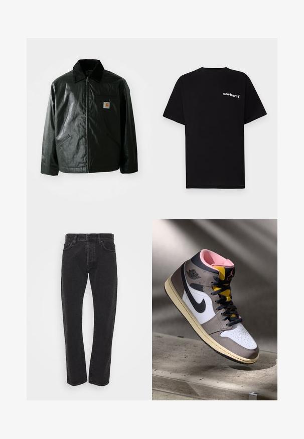 Černá zipová bunda vyrobená z hladkého, lesklého materiálu. Má jemný manžetový límec, dvě přední kapsy a malou značkovou nášivku na hrudi.; Černé bavlněné tričko s krátkými rukávy, kulatým výstřihem a bílým logem "Carhartt" na levé straně hrudi. Hladká texturu, jednoduchý design.; Pánské černé džíny rovného střihu se zapínáním na knoflík a zip, pěti kapsami a poutky na pásek na čistém bílém pozadí.; Bílé, šedé a černé vysoké tenisky Nike Air Jordan s růžovým interiérem a žlutým jazykem, umístěné na betonovém povrchu.