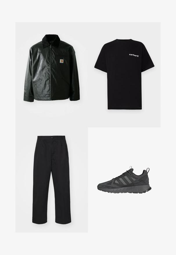 Schwarze Zip-Jacke aus glattem, glänzendem Material. Verfügt über einen Cordkragen, zwei Fronttaschen und ein kleines Logo-Patch auf der Brust.; Schwarzes Baumwoll-T-Shirt mit kurzen Ärmeln, Rundhalsausschnitt und weißem "Carhartt"-Logo auf der linken Brust. Glatte Textur, minimalistisches Design.; Schwarze Baumwollhose mit geradem Schnitt, ausgestattet mit einem Knopfverschluss, zwei vorderen Taschen und einer glatten Textur.; Schwarze Sportschuhe mit Obermaterial aus Mesh und Wildleder, strukturierten Gummisohlen, gepolsterter Schuhkragen und markantem grauen Drei-Streifen-Design.