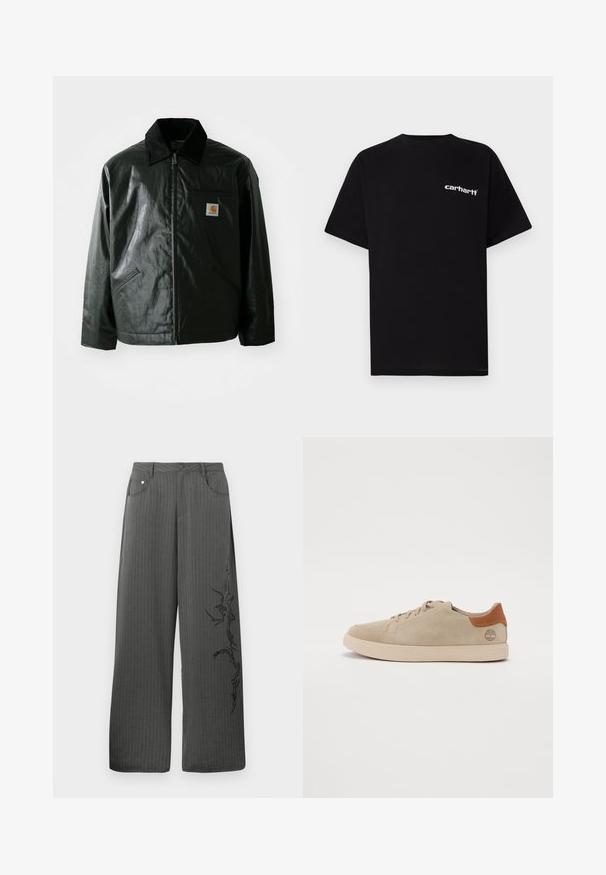 Mustat vetoketjulliset takit, jotka on valmistettu sileästä, kiiltävästä materiaalista. Sisältää kangastakin kauluksen, kaksi etutaskua ja pienen logopatchin rinnassa.; Musta puuvillainen t-paita, jossa on lyhyet hihat, pyöreä pääntie ja valkoinen "Carhartt"-logo vasemmassa rinnassa. Sileä pinta, minimalistinen design.; Leveled-leg, pinstripe-housut tummanharmaasta kankaasta, joissa on etutaskut ja musta koristeprintti vasemmalla puolella.; Beige saapas nilkkurit, joissa on ommeltu kuvio, vaaleanvärinen kumipohja ja ruskeat nahka-akkentit kantapäässä ja logossa.