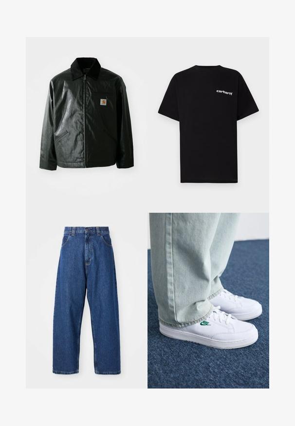 Giacca nera con zip realizzata in materiale liscio e lucido. Presenta un colletto in corduroy, due tasche frontali e una piccola patch con logo sul petto.; T-shirt in cotone nero con maniche corte, scollo a girocollo e logo bianco "Carhartt" sul petto a sinistra. Texture liscia, design minimalista.; Jeans a gamba larga in denim blu scuro. Presentano un alta vita, passanti per cintura e un classico design a cinque tasche. Orlo cucito con una finitura pulita.; Sneakers in pelle bianca con logo Nike verde, punta rotonda, suola piatta, abbinati a pantaloni in denim azzurro, mostrati su un tappeto blu.