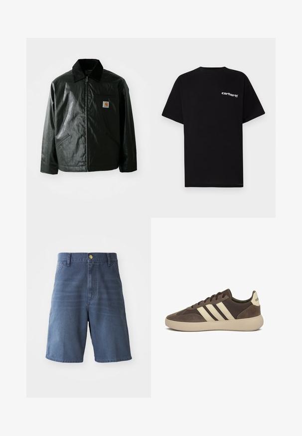 Schwarze Zip-Jacke aus glattem, glänzendem Material. Verfügt über einen Cordkragen, zwei Fronttaschen und ein kleines Logo-Patch auf der Brust.; Schwarzes Baumwoll-T-Shirt mit kurzen Ärmeln, Rundhalsausschnitt und weißem "Carhartt"-Logo auf der linken Brust. Glatte Textur, minimalistisches Design.; Jeansshorts in Dunkelblau mit Knopfverschluss, Gürtelschlaufen und zwei Vorderaschen. Glatte Textur mit geradem Schnitt.; Brauner Wildledersneaker mit drei weißen Streifen, abgerundetem Zehenbereich, dicker Gummisohle und minimaler Markenkennzeichnung an der Ferse.