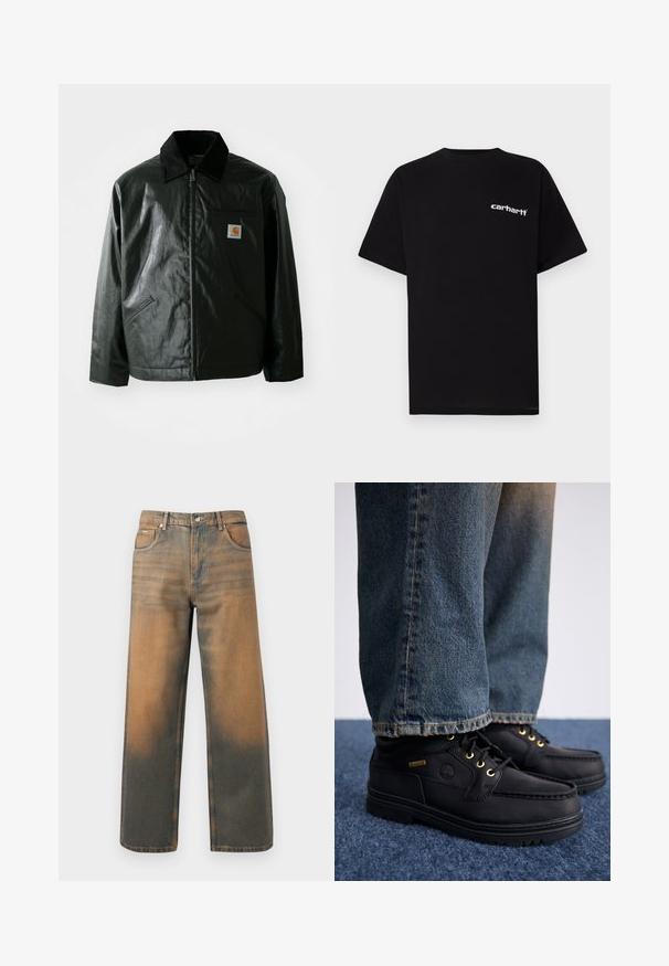 Black zip-up jacket made of smooth, shiny material. Features a corduroy collar, two front pockets, and a small logo patch on the chest.; Black cotton t-shirt with short sleeves, crew neckline, and white "Carhartt" logo on the left chest. Smooth texture, minimal design.; Wide-leg jeans in distressed blue and brown denim. Features a high waist, front pockets, and a classic button closure with metallic accents.; Black leather shoes with gold eyelets and a textured finish, paired with blue denim jeans. Shoes feature a layered sole and branding detail.