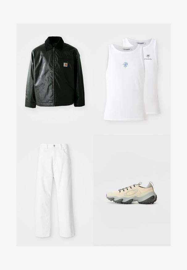Schwarze Zip-Jacke aus glattem, glänzendem Material. Verfügt über einen Cordkragen, zwei Fronttaschen und ein kleines Logo-Patch auf der Brust.; Zwei weiße Tanktops mit Rippstricktextur, die blaue und grüne gestickte Logos aufweisen. Eines hat ein Sonnendesign, das andere eine Palme.; Weiße Denim-Hosen mit geradem Bein, ausgestattet mit einem Frontknopf und einem Reißverschluss, fünf Taschen und einem sauberen, strukturierten Finish.; Beige Sport Schuhe mit einem strukturierten Mesh-Obermaterial, grauer Gummisohle, auffälligem geschwungenem Design und grauen Schnürsenkeln. Mit einer Zuglasche an der Ferse.