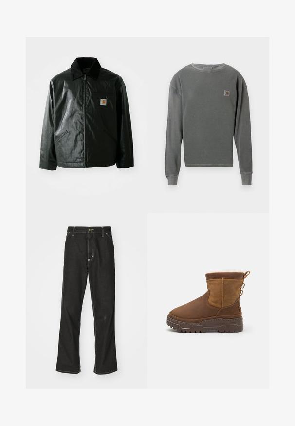 Crna zip-up jakna izrađena od glatkog, sjajnog materijala. Ima okovratnik od kordura, dva prednja džepa i mali logotip na prsima.; Sivi dukserica dugih rukava s okruglim izrezom s rebrastom teksturom, koja ima mali kvadratni logo na lijevoj strani prsnog koša i rebraste manžete.; Crne traperice s opuštenim krojem, s kontrastnim bijelim šavovima, zakovicom za zatvaranje i ravnim nogavicama.; Smeđe antilop čizme do gležnjeva s mekanim krznenim podloge, čvrstim gumenim đonom i dekorativnim bočnim petljama za lakše obuvanje. Teksturirana površina na gornjem dijelu.