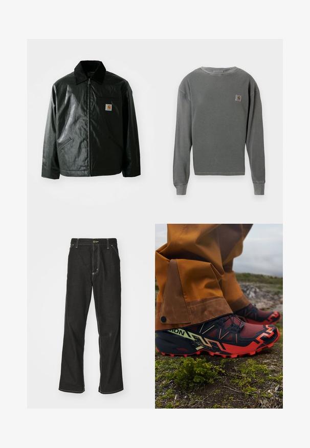 Black zip-up jacket made of smooth, shiny material. Features a corduroy collar, two front pockets, and a small logo patch on the chest.; Gray long-sleeve crewneck sweatshirt with ribbed texture, featuring a small square logo patch on the left chest and ribbed cuffs.; Black denim jeans with a loose fit, featuring contrasting white stitching, a button closure, and a straight leg design.; Trail running shoes with a black, red, and yellow color scheme. Mesh upper, textured sole, and elastic laces for secure fit.