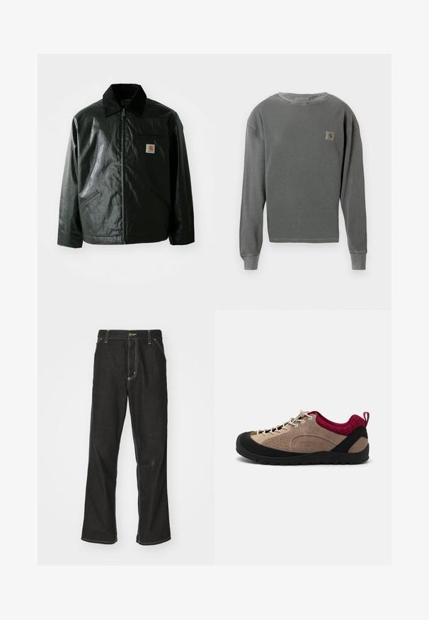 Svart zip-up jakke laget av jevnt, blankt materiale. Har en kordfløyelskrage, to frontlommer og en liten logo-lapp på brystet.; Grå langermet genser med rund hals og ribbestruktur, med et lite firkantet logo-patch på venstre bryst og ribbestrikkede mansjetter.; Svarte denimbukser med løs passform, med kontrastfylt hvit søm, knappelukking og rett ben-design.; Sko med en beige semsket overdel, svart gummisåle, rosa mesh-detaljer og grå snøring. Har perforeringer for pusteevne og en løftestropp.