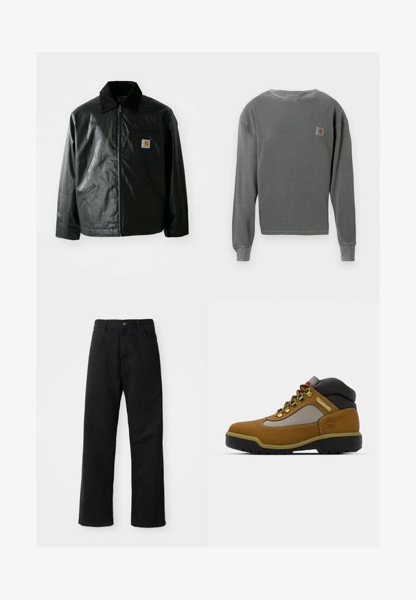 Melnā zip-up jaka, izgatavota no gludas, spīdīgas materiāla. Ir korduroja apkakle, divas priekšējās kabatas un neliela logo placdarma uz krūtīm.; Pelēks garās piedurknes kruzēns ar ribotu tekstūru, ar mazu kvadrātveida logotipa uzšuvumu kreisajā krūtī un ribotām aprocēm.; Melnas džinsu bikses ar taisnu griezumu, ar priekšējiem kabatām, rāvējslēdzēju un vienu augšējo pogu. Tekstūrēta auduma matēta virsma.; Kraftīgs brūns pārgājienu zābaks ar pelēkiem un melniem akcentiem, teksturēta ādas virsma, metāla acs un izturīga gumijas zole labākai saķerei.